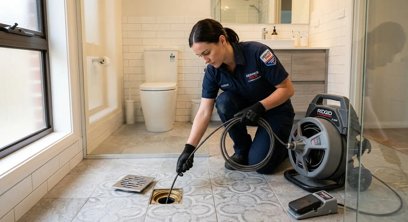 Technician clearing a bathroom floor drain for Hydro Jetting in Pittsgrove
